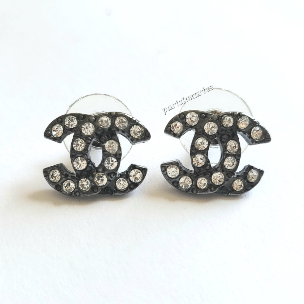 CHANEL Gunmetal Gray Black Crystal Bling CC Earrings